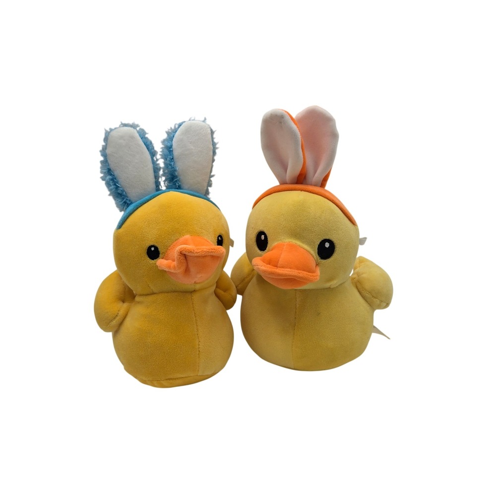 2 Easter Spring Duck Plush Set with Blue and Orange Bunny Ear